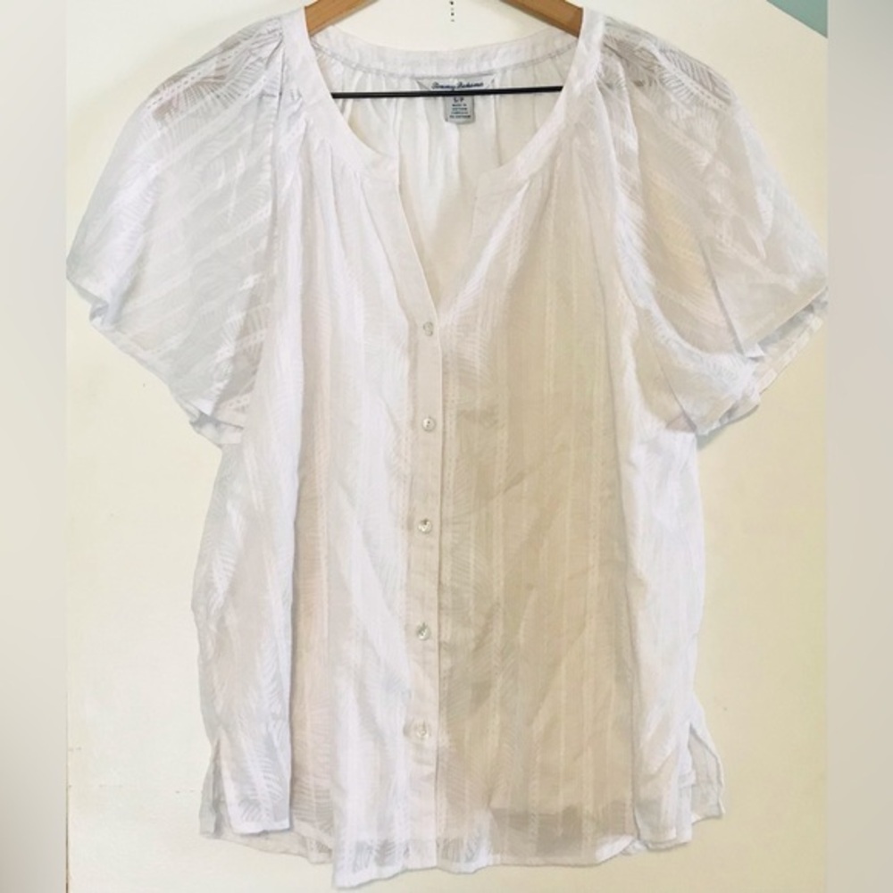 Tommy Bahama White Eyelet Lace Semi Sheer Short Sleeve Button Front Blouse Small
